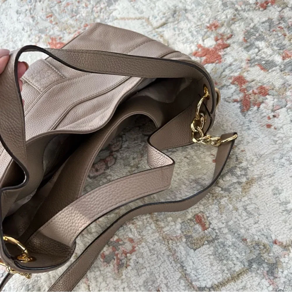 Michael Kors Jamesport Leather Hobo Large Shoulder Bag Taupe Tan Nude Gold